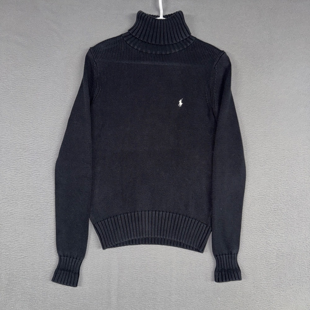Ralph Lauren Sport Turtleneck Sweater Womens Medium Black Knit White Pony Logo